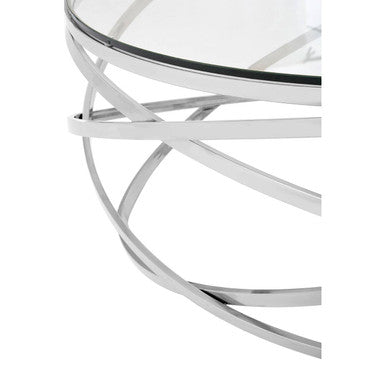 Round Tempered Glass Top Coffee Table with Silver Swirl Stainless Steel Hoop Base | Allure