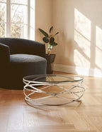 Round Tempered Glass Top Coffee Table with Silver Swirl Stainless Steel Hoop Base | Allure