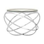 Clear Glass Round Top End Table with Silver Stainless Steel Overlapping Hoop Base | Allure