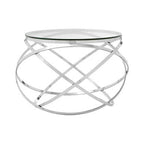 Clear Glass Round Top End Table with Silver Stainless Steel Overlapping Hoop Base | Allure