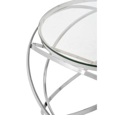 Clear Glass Round Top End Table with Silver Stainless Steel Overlapping Hoop Base | Allure