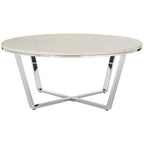 Round White Faux Marble Coffee Table with Chrome Lattice Leg Design | Allure
