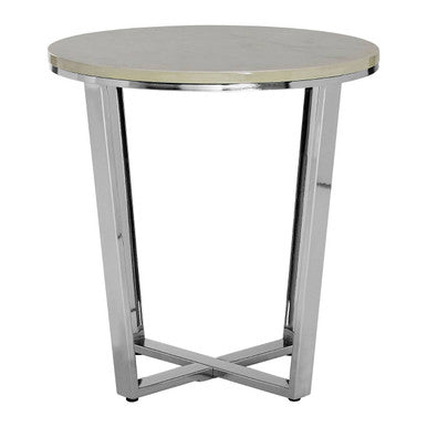 Round White Faux Marble End Table with Chrome Lattice Leg Design | Allure