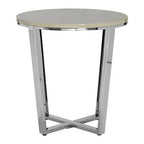 Round White Faux Marble End Table with Chrome Lattice Leg Design | Allure