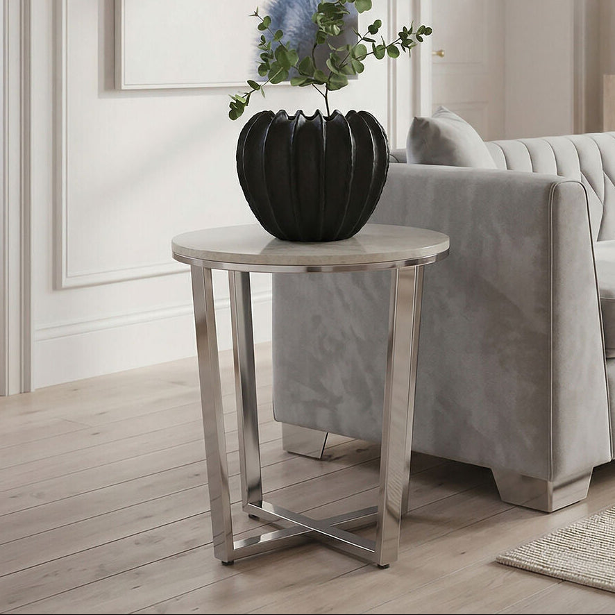Round White Faux Marble End Table with Chrome Lattice Leg Design | Allure