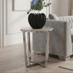 Round White Faux Marble End Table with Chrome Lattice Leg Design | Allure
