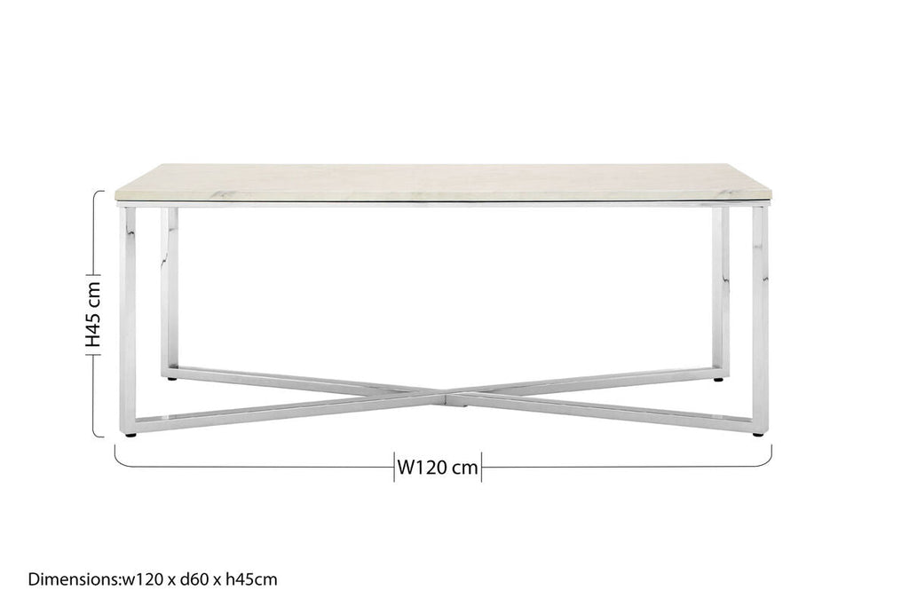 White Faux Marble Coffee Table with Chrome Lattice Leg Design | Allure