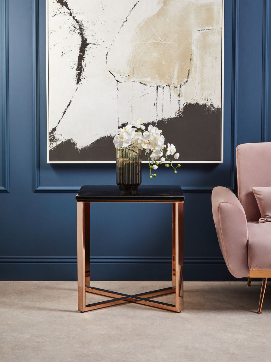 Square Black Faux Marble End Table with Champagne Gold Metal Legs | Allure
