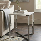 Square White Faux Marble End Table with Silver Chrome Metal Legs | Allure