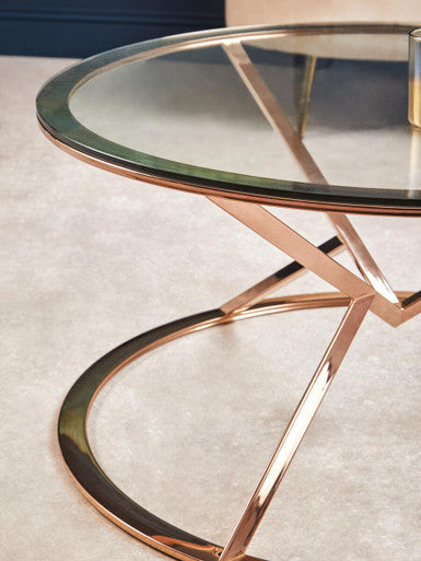 Rose Gold Stainless Steel Base Round Coffee Table with Tempered Glass Top | Allure
