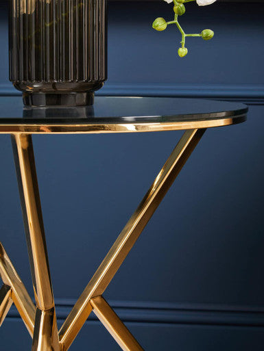 Champagne Gold Stainless Steel Base Round End Table with Tempered Glass Top, Allure