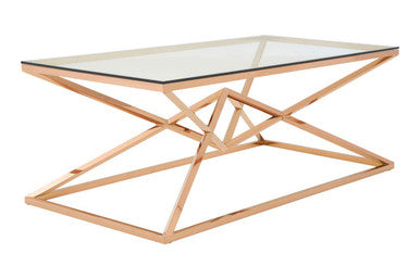 Corseted Rose Gold Triangle Steel Base Coffee Table with Tempered Glass Top | Allure