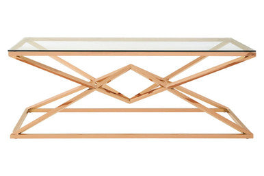 Corseted Rose Gold Triangle Steel Base Coffee Table with Tempered Glass Top | Allure