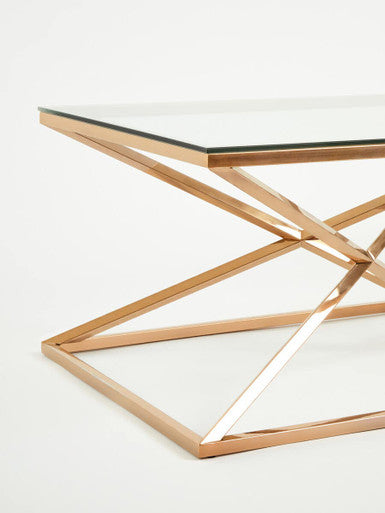 Corseted Rose Gold Triangle Steel Base Coffee Table with Tempered Glass Top | Allure