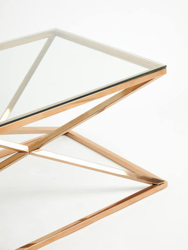 Corseted Rose Gold Triangle Steel Base Coffee Table with Tempered Glass Top | Allure