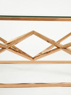 Corseted Rose Gold Triangle Steel Base Coffee Table with Tempered Glass Top | Allure
