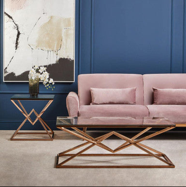 Corseted Rose Gold Triangle Steel Base Coffee Table with Tempered Glass Top | Allure
