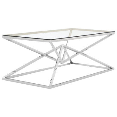 Tempered Glass Top Coffee Table with Silver Sculptural Pyramid Frame Base | Allure