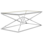 Tempered Glass Top Coffee Table with Silver Sculptural Pyramid Frame Base | Allure