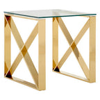Champagne Gold Stainless Steel Cross Legs End Table with Tempered Glass Top | Allure