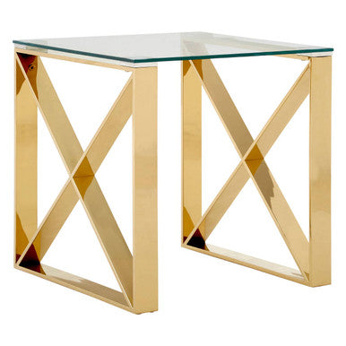 Champagne Gold Stainless Steel Cross Legs End Table with Tempered Glass Top | Allure