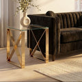 Champagne Gold Stainless Steel Cross Legs End Table with Tempered Glass Top | Allure