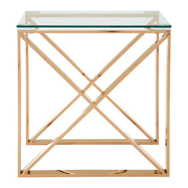 Rose Gold Stainless Steel Cross Legs End Table with Tempered Glass Top | Allure