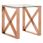 Rose Gold Stainless Steel Cross Legs End Table with Tempered Glass Top | Allure