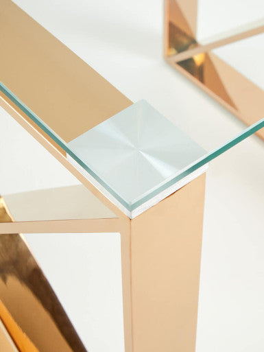Rose Gold Stainless Steel Cross Legs End Table with Tempered Glass Top | Allure