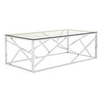 Rectangular Tempered Glass Top Coffee Table with Champagne Gold Geometric Steel Legs | Allure