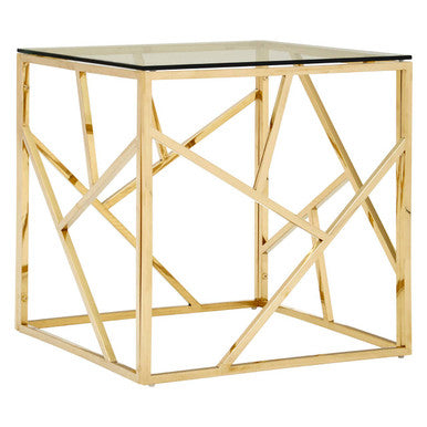 Champagne Gold Geometric Stainless Steel End Table with Tempered Glass Top | Allure