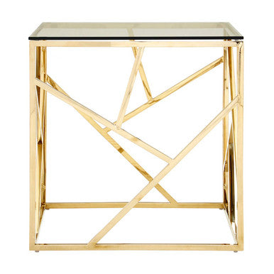 Champagne Gold Geometric Stainless Steel End Table with Tempered Glass Top | Allure