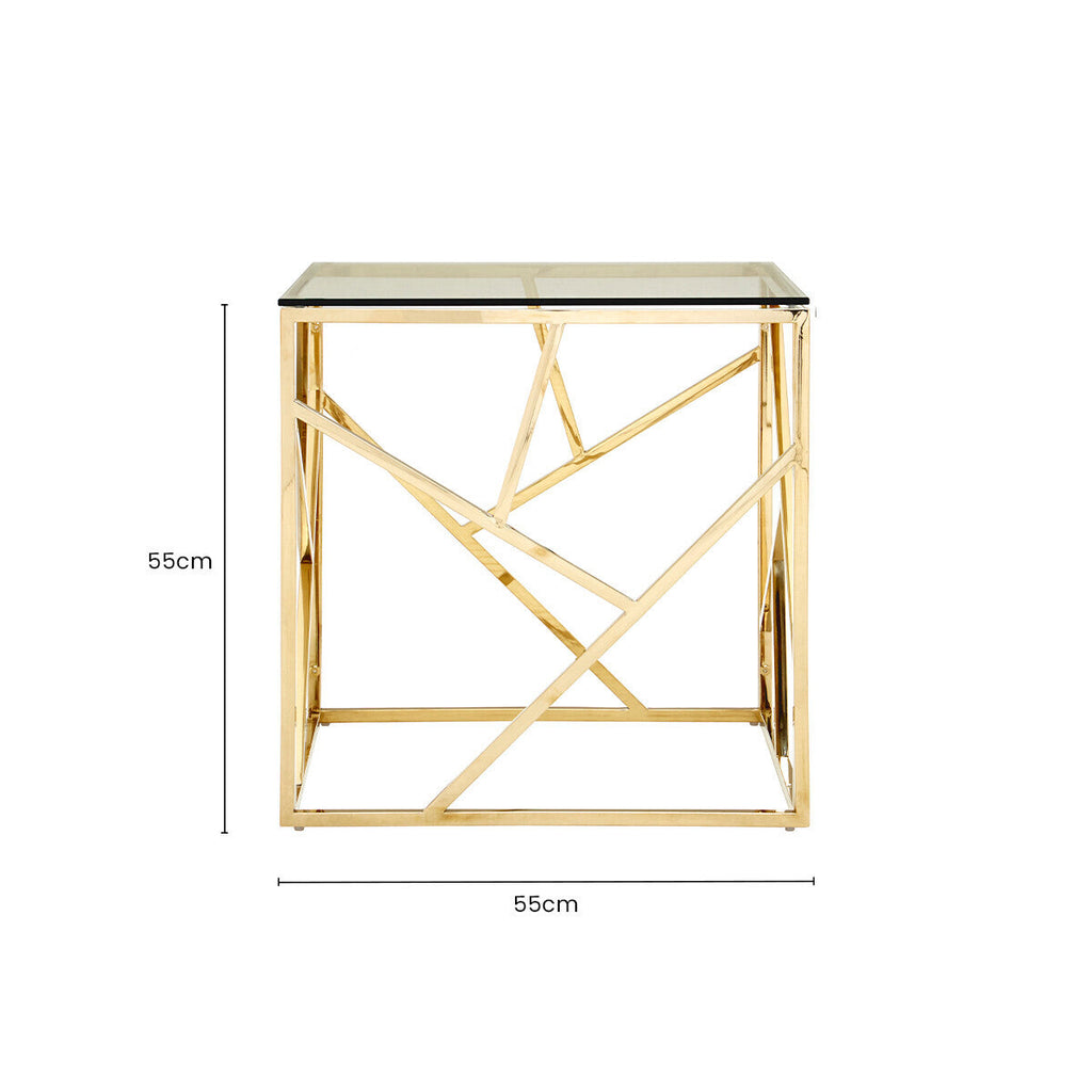Champagne Gold Geometric Stainless Steel End Table with Tempered Glass Top | Allure