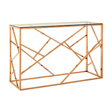Rose Gold Stainless Steel Geometric Console Table with Tempered Glass Top | Allure