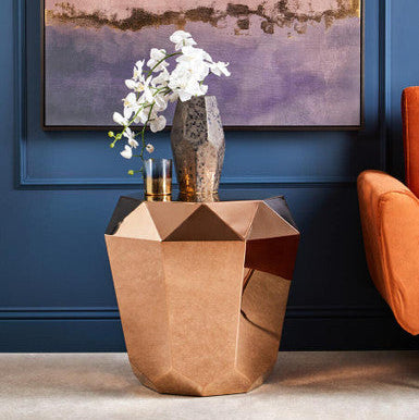 Rose Gold Diamond Cut Stainless Steel End Table with Hexagonal Tabletop | Allure