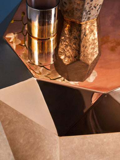 Rose Gold Diamond Cut Stainless Steel End Table with Hexagonal Tabletop | Allure