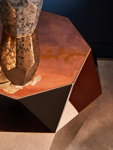 Rose Gold Diamond Cut Stainless Steel End Table with Hexagonal Tabletop | Allure