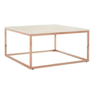Square White Marble Top Coffee Table in Rose Gold Finish Stainless Steel Legs | Allure