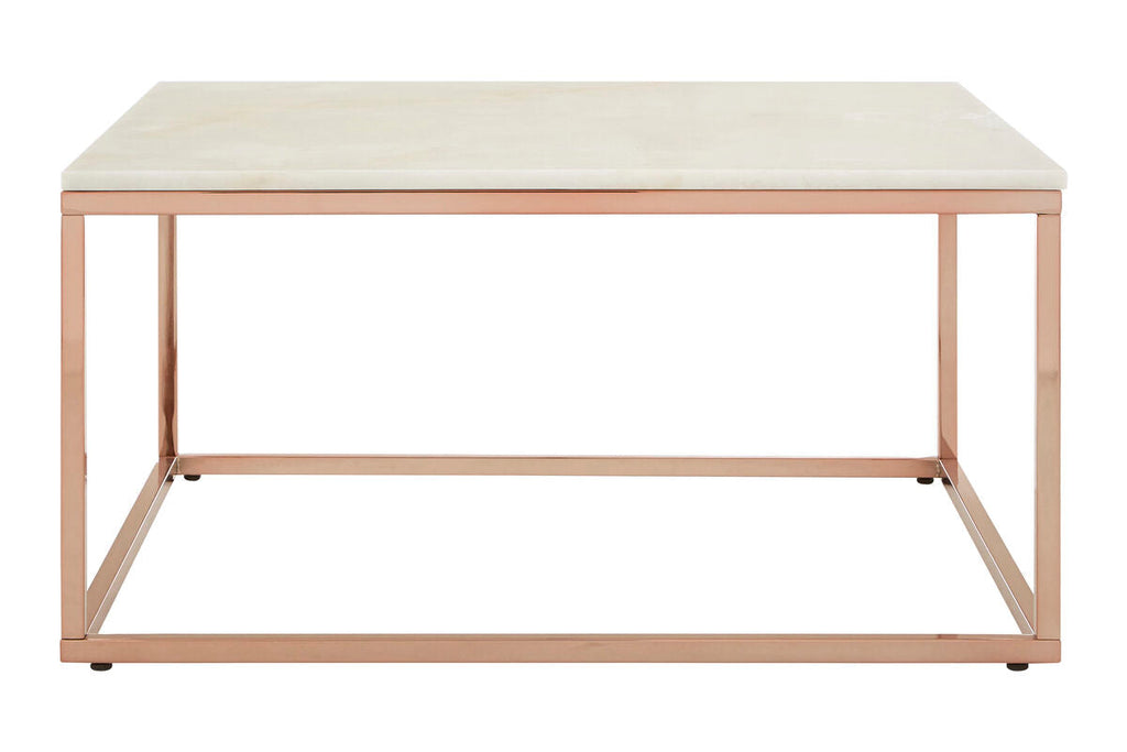 Square White Marble Top Coffee Table in Rose Gold Finish Stainless Steel Legs | Allure