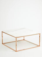 Square White Marble Top Coffee Table in Rose Gold Finish Stainless Steel Legs | Allure
