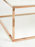 Square White Marble Top Coffee Table in Rose Gold Finish Stainless Steel Legs | Allure