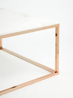 Square White Marble Top Coffee Table in Rose Gold Finish Stainless Steel Legs | Allure