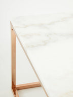 Square White Marble Top Coffee Table in Rose Gold Finish Stainless Steel Legs | Allure