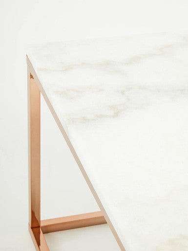 Square White Marble Top Coffee Table in Rose Gold Finish Stainless Steel Legs | Allure