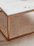 Square White Marble Top Coffee Table in Rose Gold Finish Stainless Steel Legs | Allure
