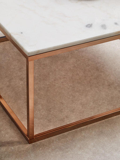 Square White Marble Top Coffee Table in Rose Gold Finish Stainless Steel Legs | Allure