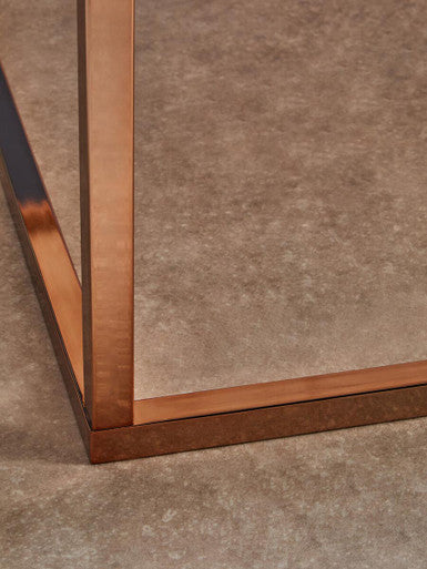 Square White Marble Top Coffee Table in Rose Gold Finish Stainless Steel Legs | Allure