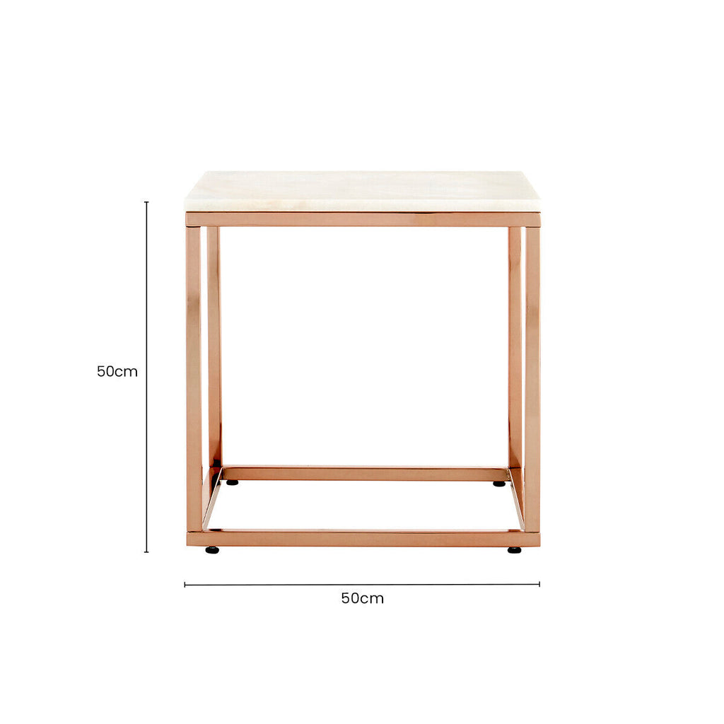 Square White Marble Top End Table with Rose Gold Metal Frame | Allure