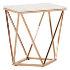 White Marble Champagne Rectangular End Table with Rose Gold Metal Frame | Allure