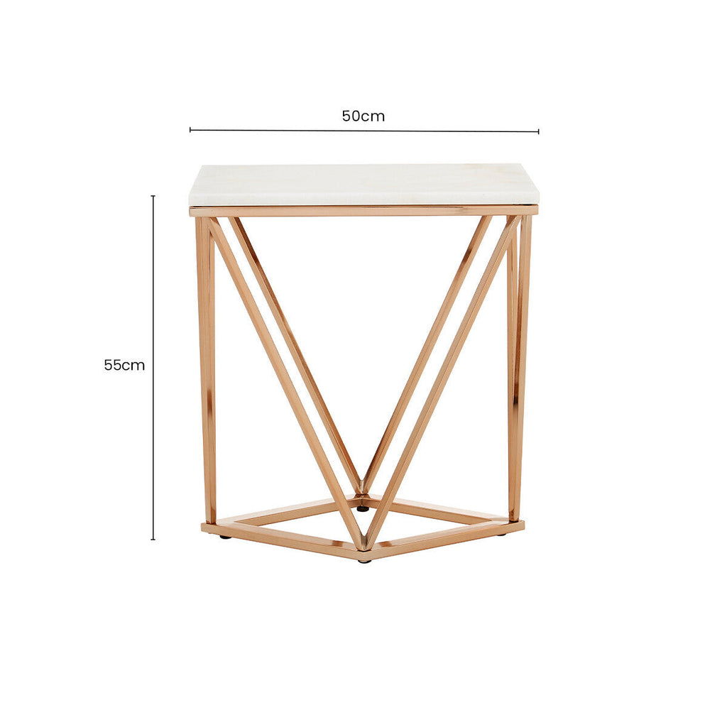 White Marble Champagne Rectangular End Table with Rose Gold Metal Frame | Allure